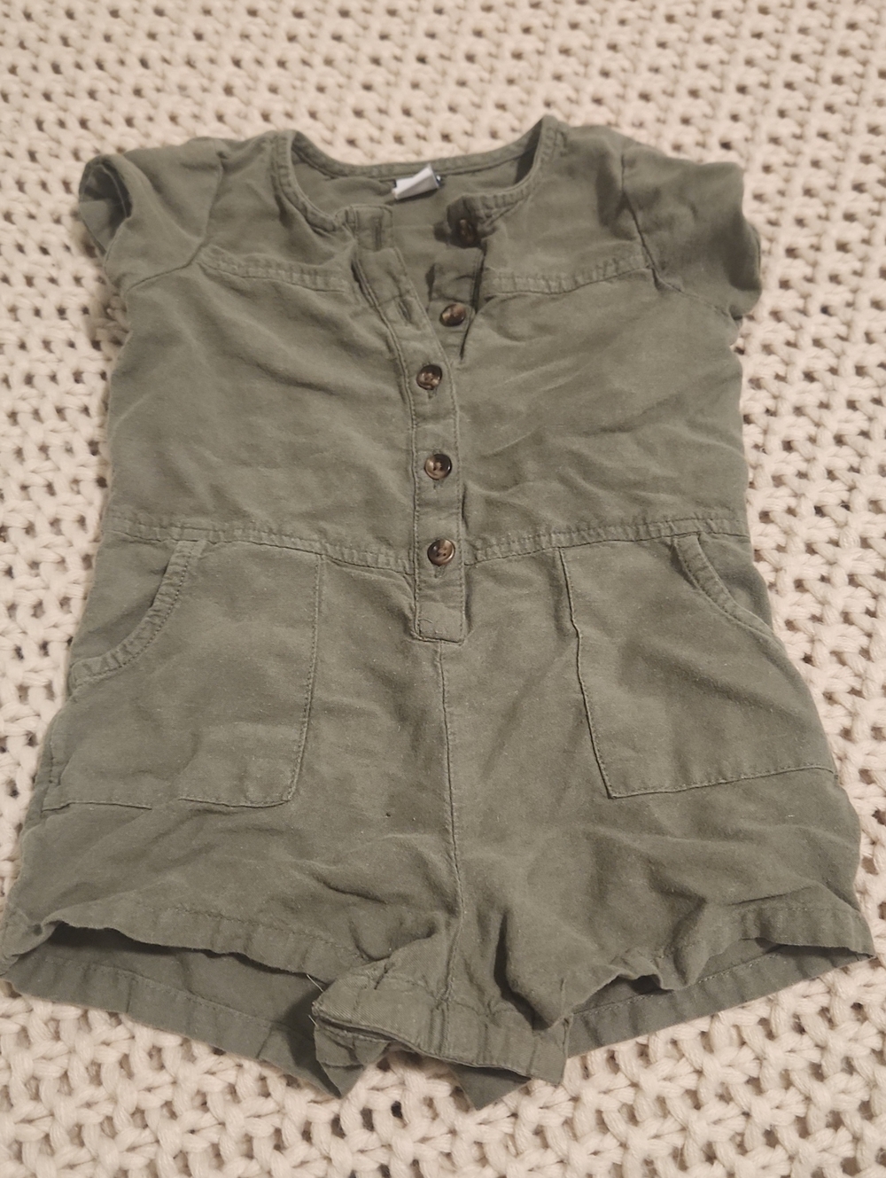 Girls Olive Green Short Sleeve Romper with Button Front